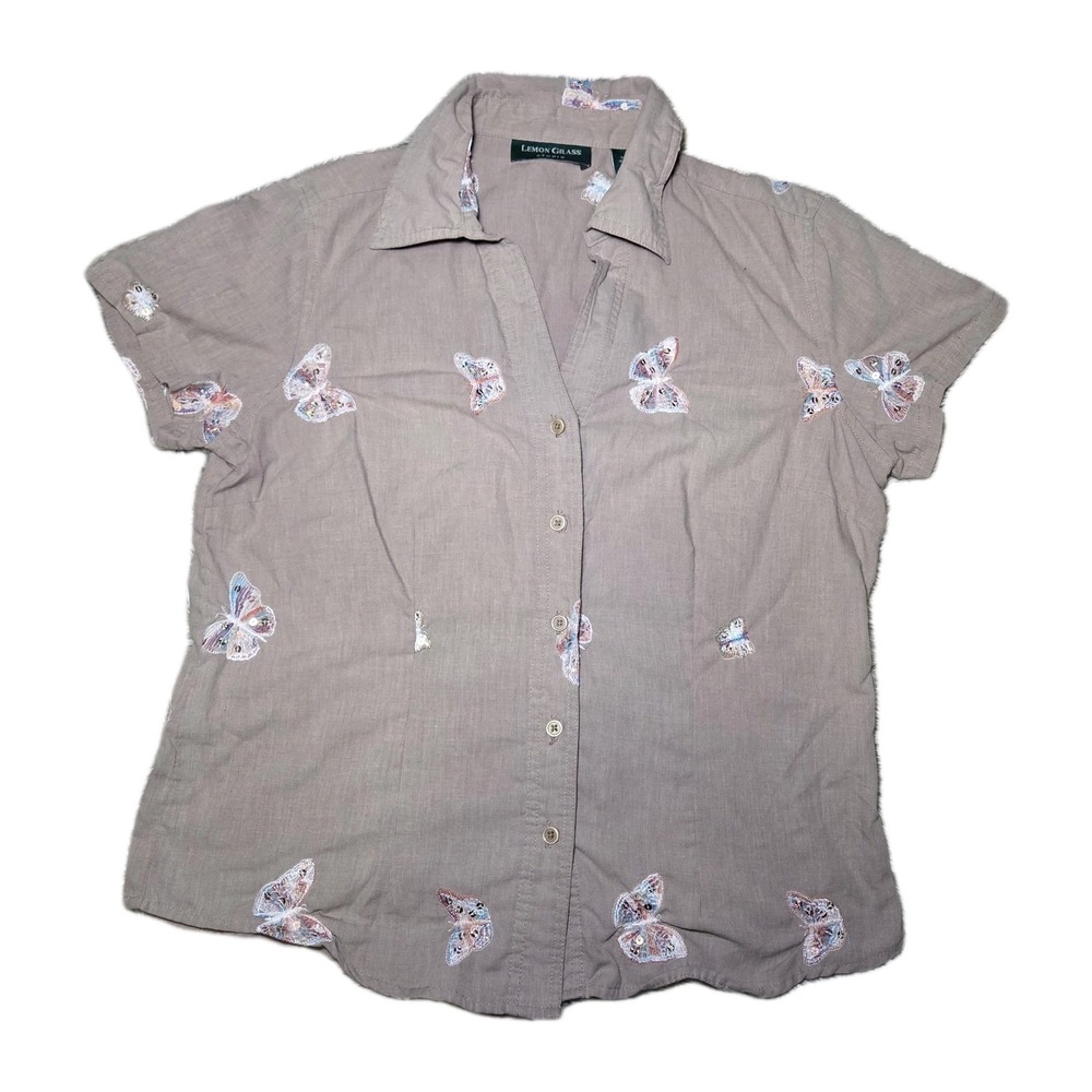 Lemon Grass Studio Butterfly Embroidered Blouse Womens M Boho Cottagecore Nature